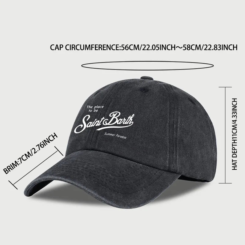 Saint Barth "The Place To Be" Print Washed Baseball Cap Adjustable Unisex Summer Vacation Sun Hat
